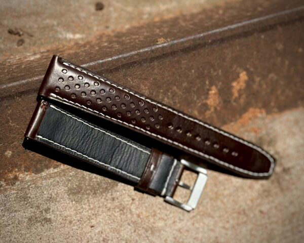 Brown Rally Racing leather watch strap made from Badalassi Italian leather with perforated holes for a sporty design.