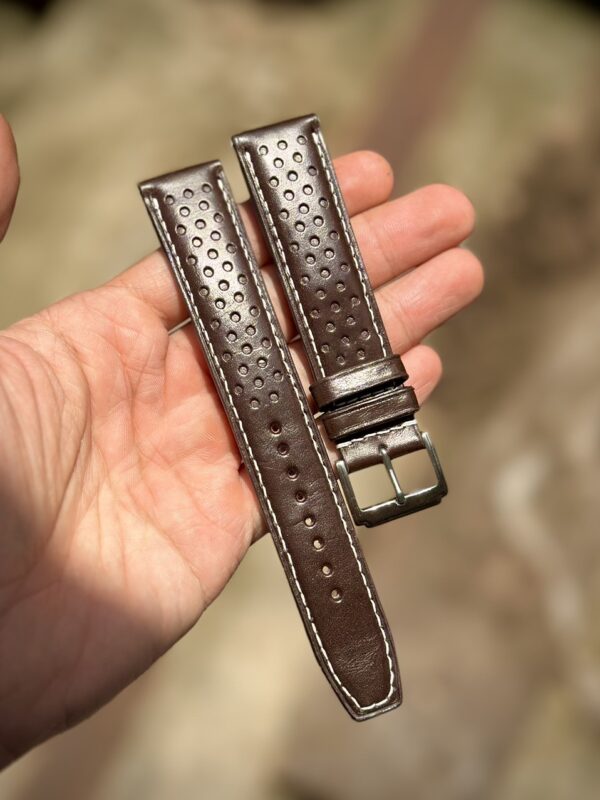 Brown Rally Racing leather watch strap made from Badalassi Italian leather with perforated holes for a sporty design.