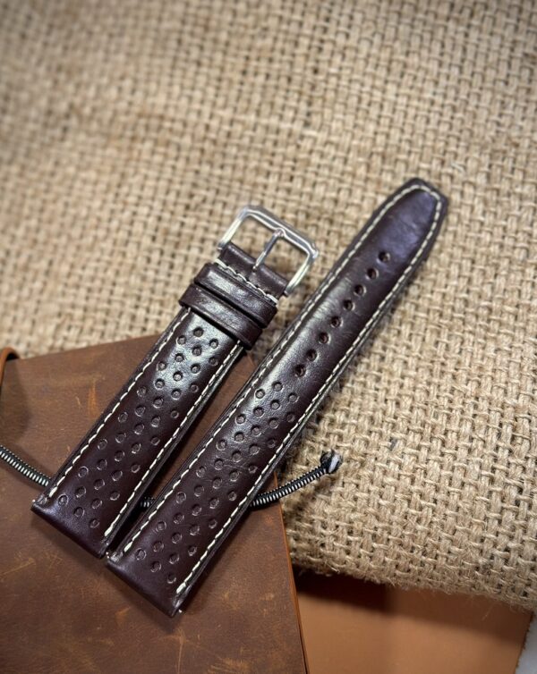 Brown Rally Racing leather watch strap made from Badalassi Italian leather with perforated holes for a sporty design.