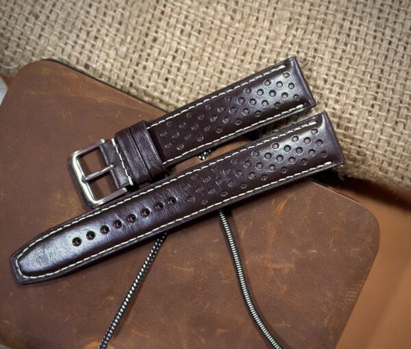 Brown Rally Racing leather watch strap made from Badalassi Italian leather with perforated holes for a sporty design.