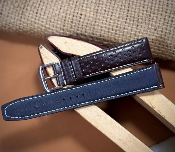 Brown Rally Racing leather watch strap made from Badalassi Italian leather with perforated holes for a sporty design.